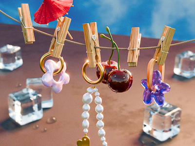 Mayd Store Earrings 3d animation cherry cherry3d design earrings flowers ice icecubes pins sky summer