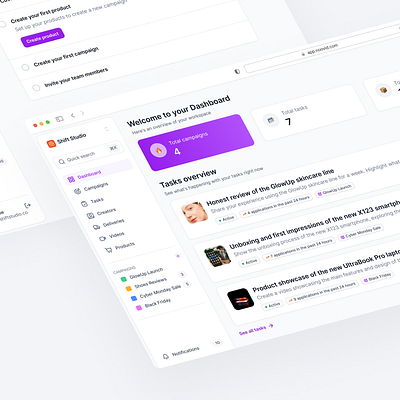 Dashboard - UGC Platform crm dashboard design system figma manager platform product design sidebar tasks ugc ui design ux design workspace