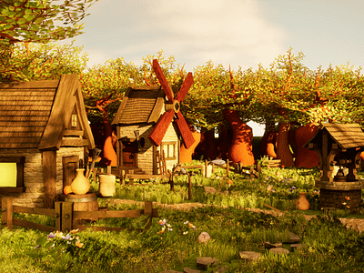 A gnomes village in the forest with a lake 3d design forest gamedev gnomes illustation level art level design unreal engine