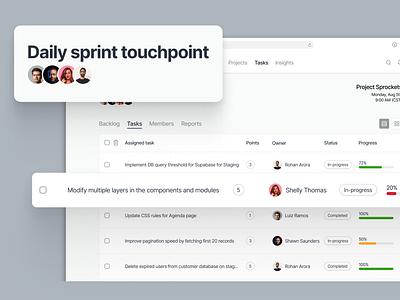 Sprint tasks - List view w/ drag interaction agile b2b board clean clickup jira kanban list minimal modern monday product project management saas sprint task trello ui ux web app