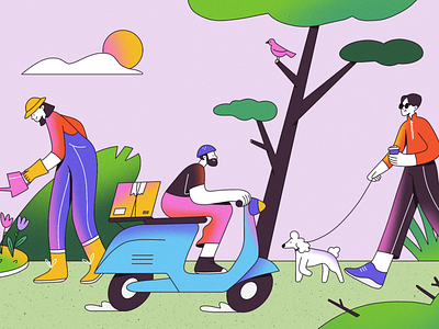 Daily Life - Wide Illustration art character citizens city colorful daily day dog flat garden gradient illustration illustrator kid life mother outdoor park people scooter