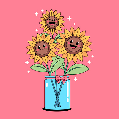 Sunflowers cartoon character colorful cute design face floral flower graphic design happy illustration kawaii smile sunflower vase