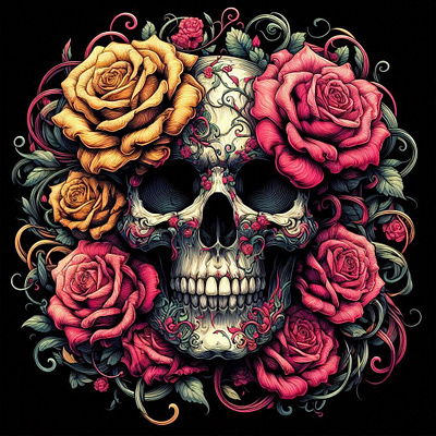 "Floral Scull of Life and Death" T-Shirt Design halloween spooky t shirt design