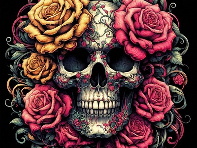 "Floral Scull of Life and Death" T-Shirt Design halloween spooky t shirt design