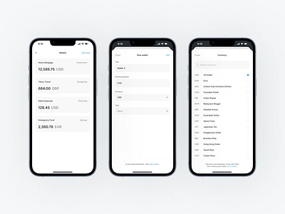 Listing and input modal · Wallet management · Blink android app budget currency design finance fintech interaction ios iphone light list minimalist mobile mockup product search ui ux wallet