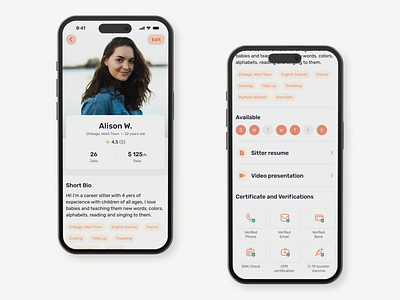 OliveUS | Babysitting Booking App | Sitter profile babysitting badges booking branding buttons calendar daily ui design mobile app mobile design profile details tags ui ui trends user image user profile ux