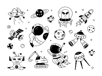 UFO Doodle Icons alien astro astronaut black and white cartoon cosmonaut cosmos design doodle doodleart flying saucer icons rocket scifi sketch space space travel spaceship ufo vector