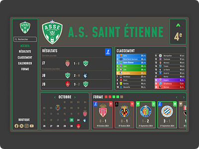 ASSE as saint étienne club statistics figma football app football club french football ligue 1 live scores match highlights match results minimal design modern ui soccer app sports news sports stats sports ui team dashboard ui design user interface ux design