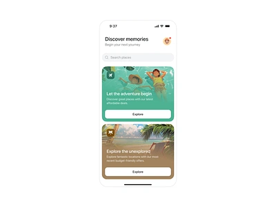 Journey App adventure ai app colorful discover explore green homepage icon illustration journey joy memories mobile phone responsive search trip