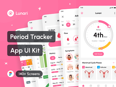 Lunari - Period Tracker App UI Kit app app design application cycle tracker app design design system figma interface menstrual calendar app menstruation tracker app mobile ovulation tracker app period tracker app portfolio project template ui ui design ui kit uiux