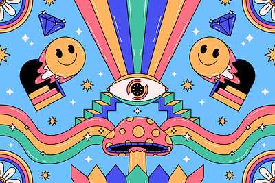 Eye, mushroom and smile abstract cartoon character colorful design emoji eye graphic design illustration mushroom rainbow smile