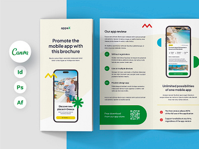 Mobile App Promotion Brochure Tri-Fold Print Template brochure design brochure print design brochure print template brochure template brochure trifold canva template devices service envato elements graphic designer indesign template iphone 16 pro iphone mockup mobile app mobile app design mobile design mobile service mockup design photoshop template print template qr code