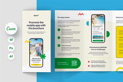 Mobile App Promotion Brochure Tri-Fold Print Template brochure design brochure print design brochure print template brochure template brochure trifold canva template devices service envato elements graphic designer indesign template iphone 16 pro iphone mockup mobile app mobile app design mobile design mobile service mockup design photoshop template print template qr code