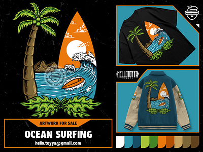 (DESIGN FOR SALE) Surfing in the Ocean with wave for T-shirt apparel artwork artwork for sale beach boat branding clothing event graphic design hoodie design illustration logo ocean screen printing streetwear summer sunset surfing tshirt design wave