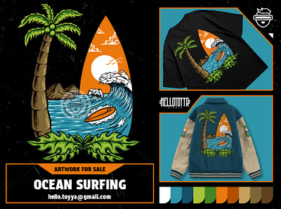 (DESIGN FOR SALE) Surfing in the Ocean with wave for T-shirt apparel artwork artwork for sale beach boat branding clothing event graphic design hoodie design illustration logo ocean screen printing streetwear summer sunset surfing tshirt design wave