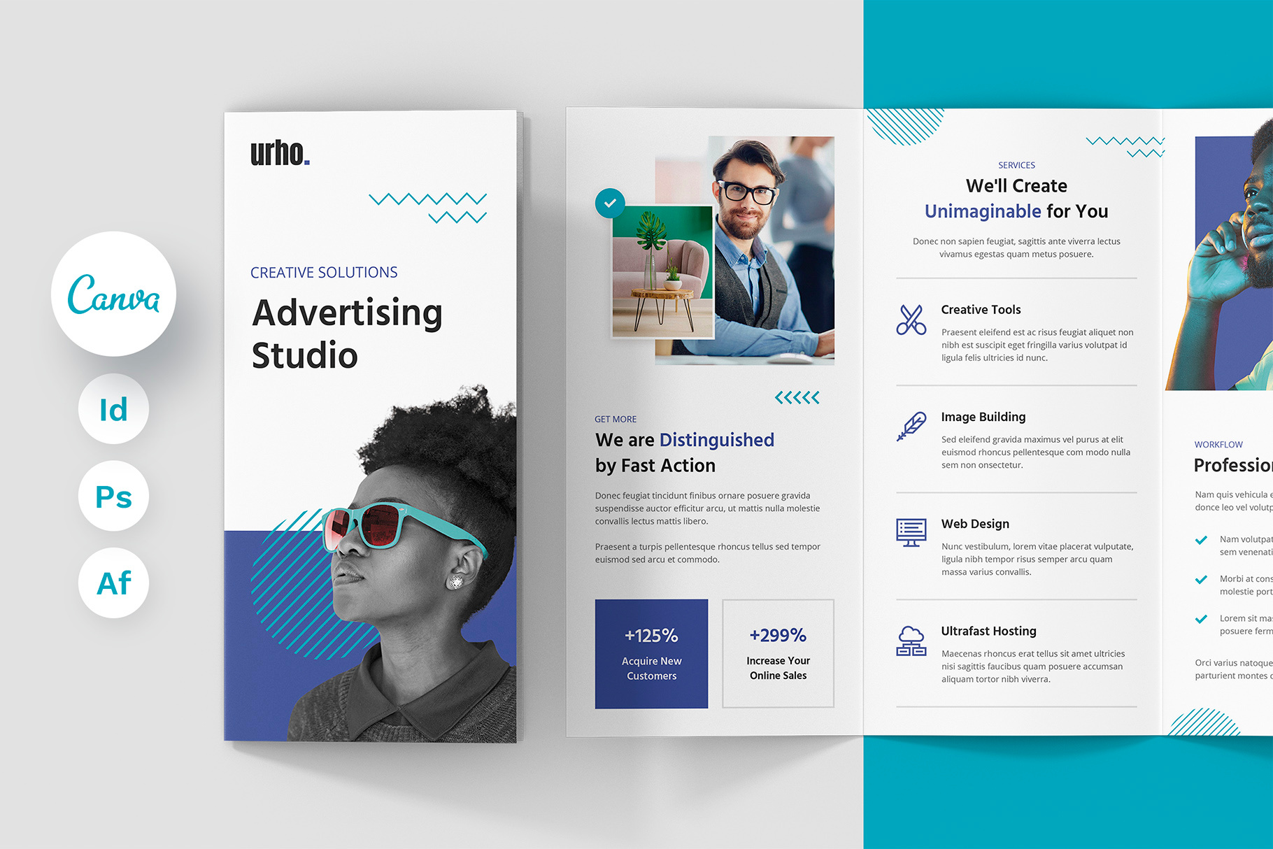 Urho Creative Agency Brochure Tri-Fold Template affinity template agency brochure brochure brochure agency brochure design brochure for agency brochure for studio brochure marketing brochure print design brochure template brochure trifold canva template creative agency brochure creative agency template creative studio brochure digital product indesign template instant download photoshop template print template