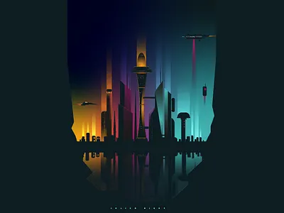 Neon Skyline of Metropolis 2d board game book cover flat illustration vector