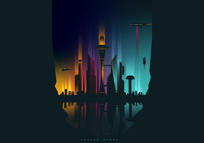 Neon Skyline of Metropolis 2d board game book cover flat illustration vector