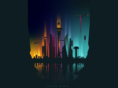 Neon Skyline of Metropolis 2d board game book cover flat illustration vector