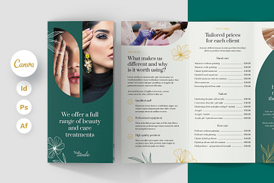 Nail Salon Esthetician Brochure Tri-Fold Template beauty brochure beauty business beauty salon beauty salon brochure brochure brochure design brochure for salon brochure template brochure trifold brochure trifold template canva template cosmetology digital product esthetician indesign template instant download nail studio photoshop template price list pricing