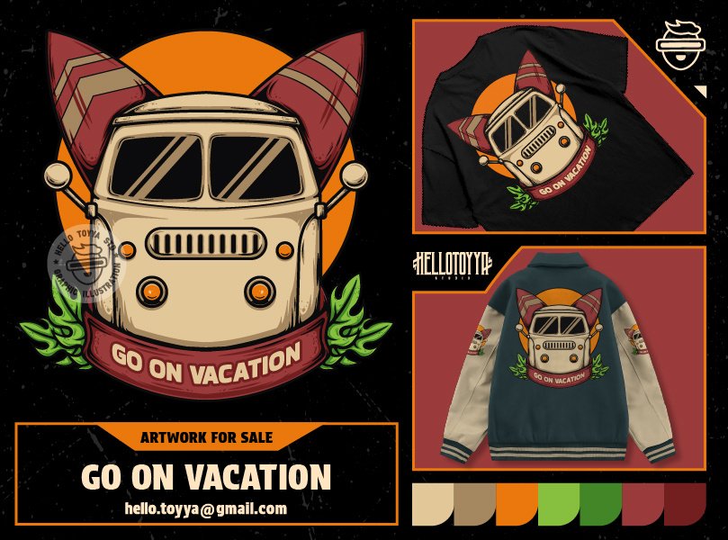 (DESIGN FOR SALE) Go on Vacation Artwork for Tshirt Design apparel artwork artwork for sale beach branding car clothing brand design for sale graphic design holiday illustration ocean retro streetwear sunset surfing tshirt design vacation vintage vw old