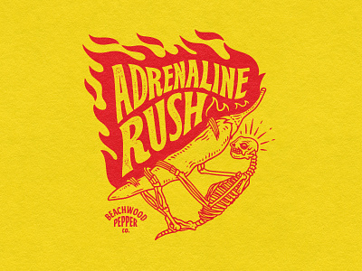 Adrenaline Rush Hot Sauce flame flames graphic design grunge hot hot sauce illustration label design lettering logo packaging peppers sauce label skeletton skull sloth summer