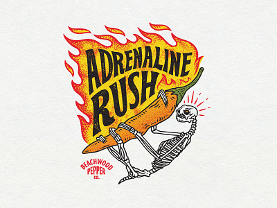 Adrenaline Rush Hot Sauce design flame flames graphic design halftone hot sauce hot sauce label illustration label label design lettering logo design pepper peppers skeletton skull sloth