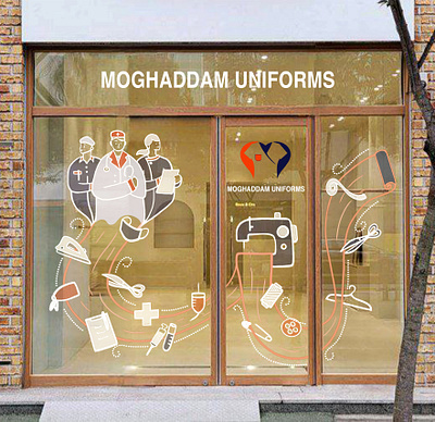 Medical Uniform Shop Window Design with Doodle Art branding design doodle doodling graphic design illustration