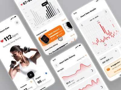 sandow: AI Fitness & Diet App | Heart Rate Monitor Tracker UIUX ai fitness app ai fitness chatbot ai fitness companion bold figma ui kit fitness app fitness companion fitness ios app fitness monitoring app fitness tracker app fitness ui kit gym app heartrate heartrate app heartrate tracker heartrate ui minimal orange red workout app