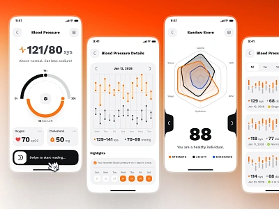 sandow UI Kit: AI Fitness & Diet App | Blood Pressure Monitor ai fitness app ai fitness chatbot ai fitness companion ai fitness ui blood pressure blood pressure app blood pressure monitor blood pressure ui bold clean diet app fitness app fitness score fitness tracker app fitness ui kit gym app minimal nutrition app orange workout app