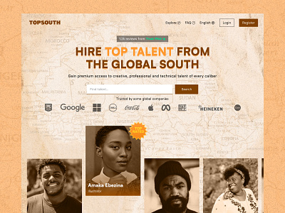 Freelance job board website [01] africa african map brown fiverr freelance global south job board landing page one pager portrait texture background top talent upwork