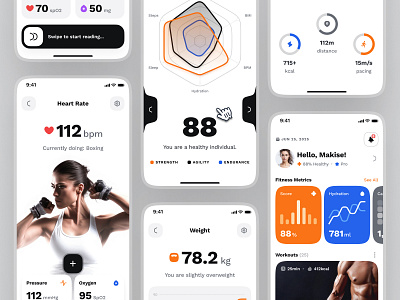 sandow UI Kit: AI Fitness & Diet App | Fitness Metrics Score UI ai fitness app ai fitness chatbot ai fitness coach ai fitness companion ai fitness tracker diet app fitness app fitness metrics fitness score fitness tracker app fitness ui kit gym app heartrate app heartrate ui minimal orange ui kit virtual fitness app virtual fitness coach workout app