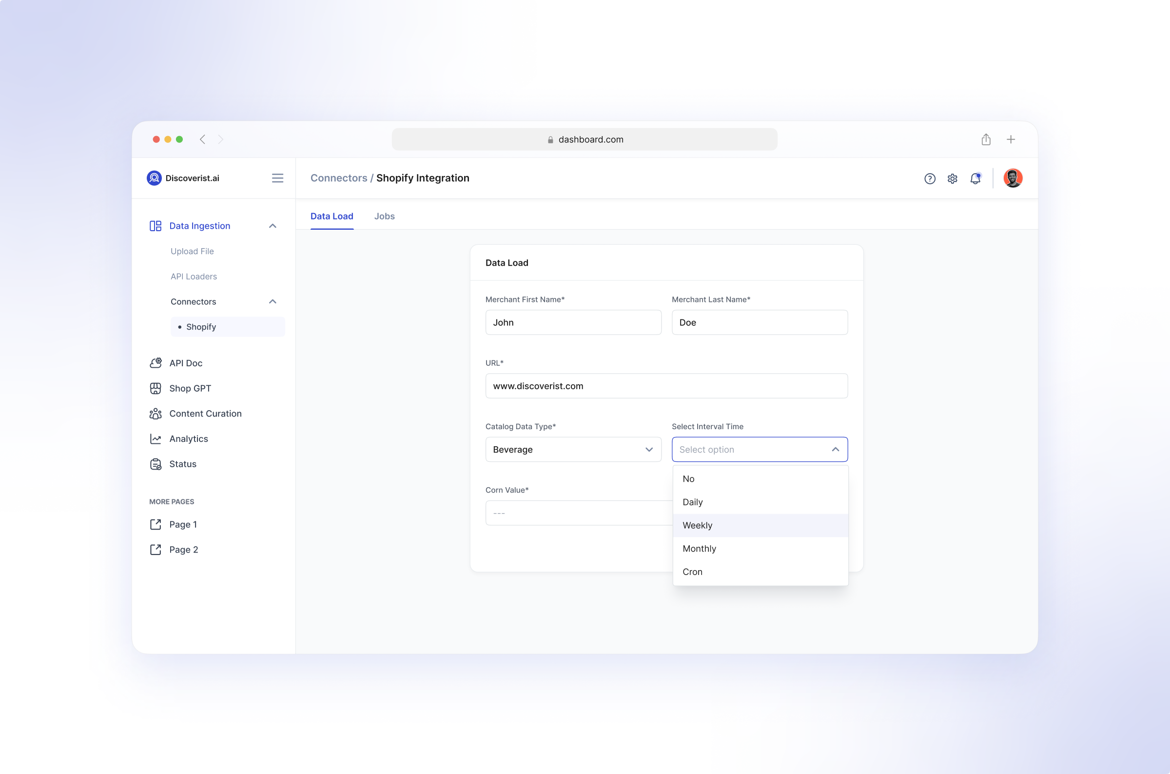 Data Load | Time Dropdown admin panel dashboard data data load design internal web app product design saas shopify integration time dropdown ui