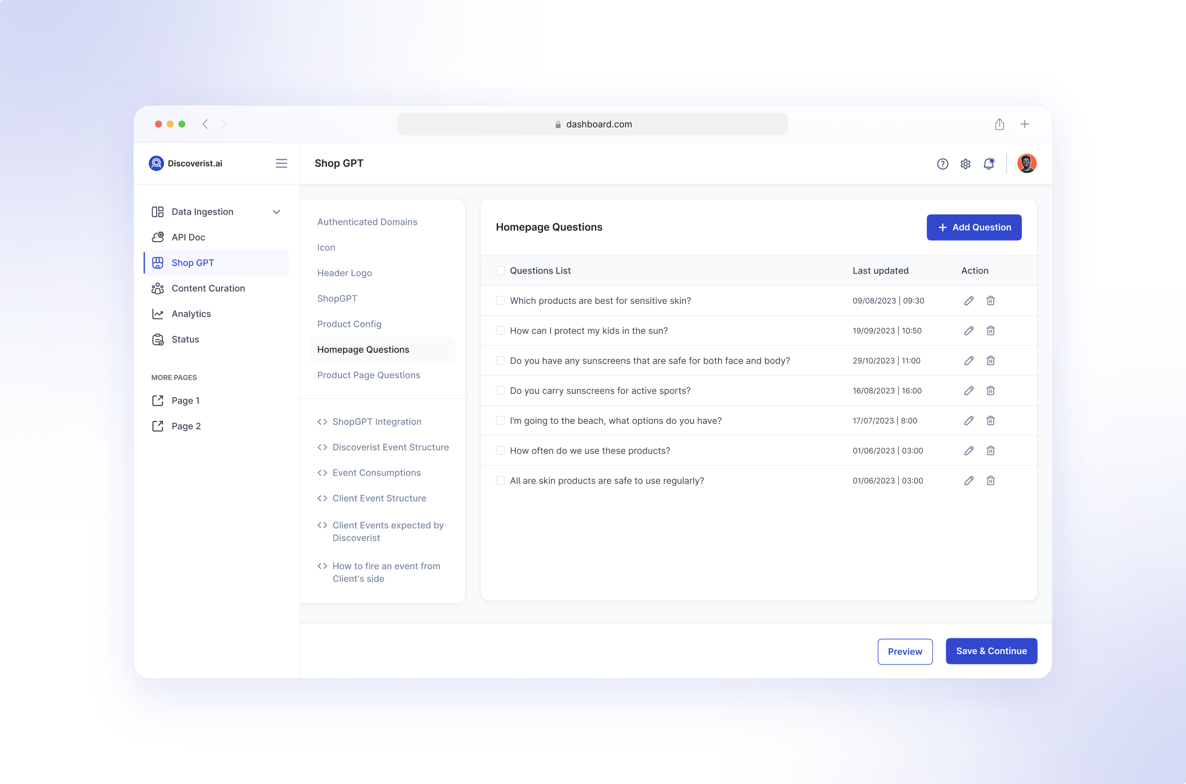 Shop GPT admin panel dashboard design internal web app product design saas shop gpt shopify integration table ui ui