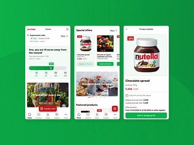 Loyalty app for a supermarket bright clean colors design easy food friendly green grocery homescreen loyalty app mobile app product detail screen red sanserif font supermarket ui ui design ux design work in progress