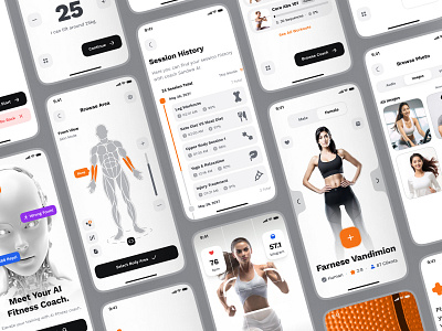 sandow UI Kit: AI Fitness & Diet App | AI Fitness Companion UIUX ai fitness app ai fitness assistant ai fitness chatbot ai fitness coach ai fitness comopanion ai fitness ui kit bold clean fitness app fitness coach ui fitness ui kit gym app minimal modern orange virtual fitness virtual fitness app virtual fitness coach workout app workout plan ui