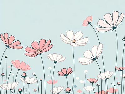 Meadow Whispers by Aravind Reddy Tarugu aravind art botanical art breeze cheerful cosmos flowers design illustration joy meadow minimal nature pastel playful reddy simplicity swaying tarugu vector whimsical