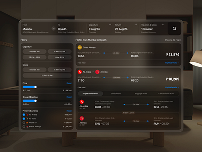 Spatial UI Design: Apple Vision Pro for Flight Booking 3d apple apple vision pro ar design ar ui creative flight booking flight booking dashboard glassmorph ios mac os product design smart spatial design trip booking vision pro vision ui visionos visual design vr