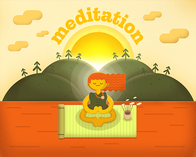 Invitation to Stillness - Meditation characterdesign composition graphic design illustration meditation mindfulness mountains nature orange peace peaceful sky sun symmetric vector warm