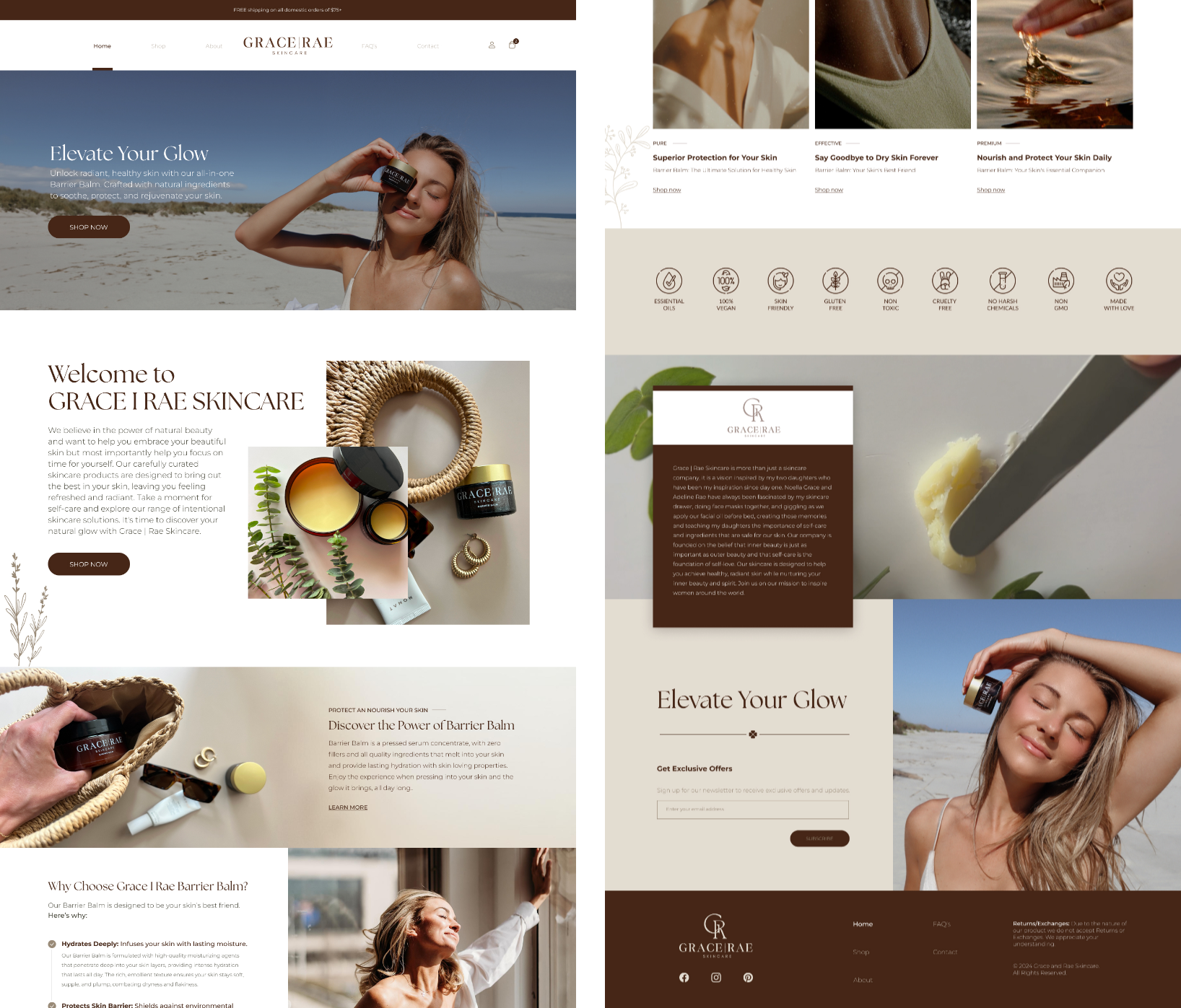 Homepage Ui design for a Skincare brand - Grace | Rae Skincare balm brand branding brown care cosmetic design ecommerce figma graphic design illustration light logo mockup modern natural shop skincare ui women