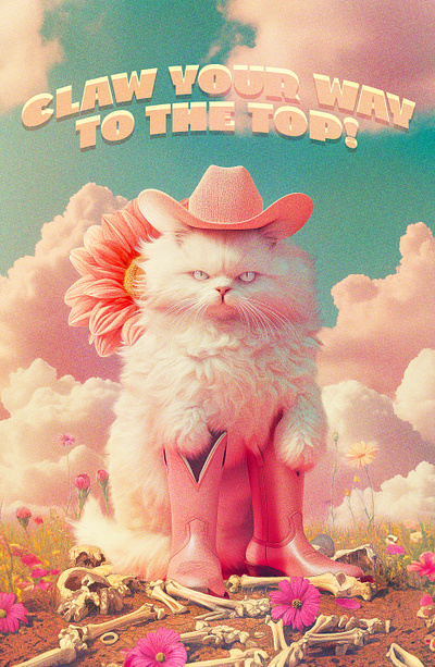 Claw your way to the top bones cat claws cowboy cowboyboots cute digital illustration funny graphic design illustration kitty pink poster poster design puss pussnboots retro sky vintage viscious