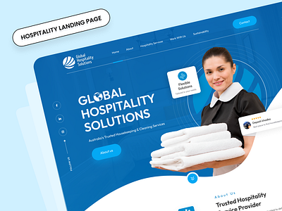 Hospitality landing page branding cleaning design hospitailty hospitality landing page hotels housekeeping landing page logo maintainance partner staff technolgy ui uiux unique user interface ux website