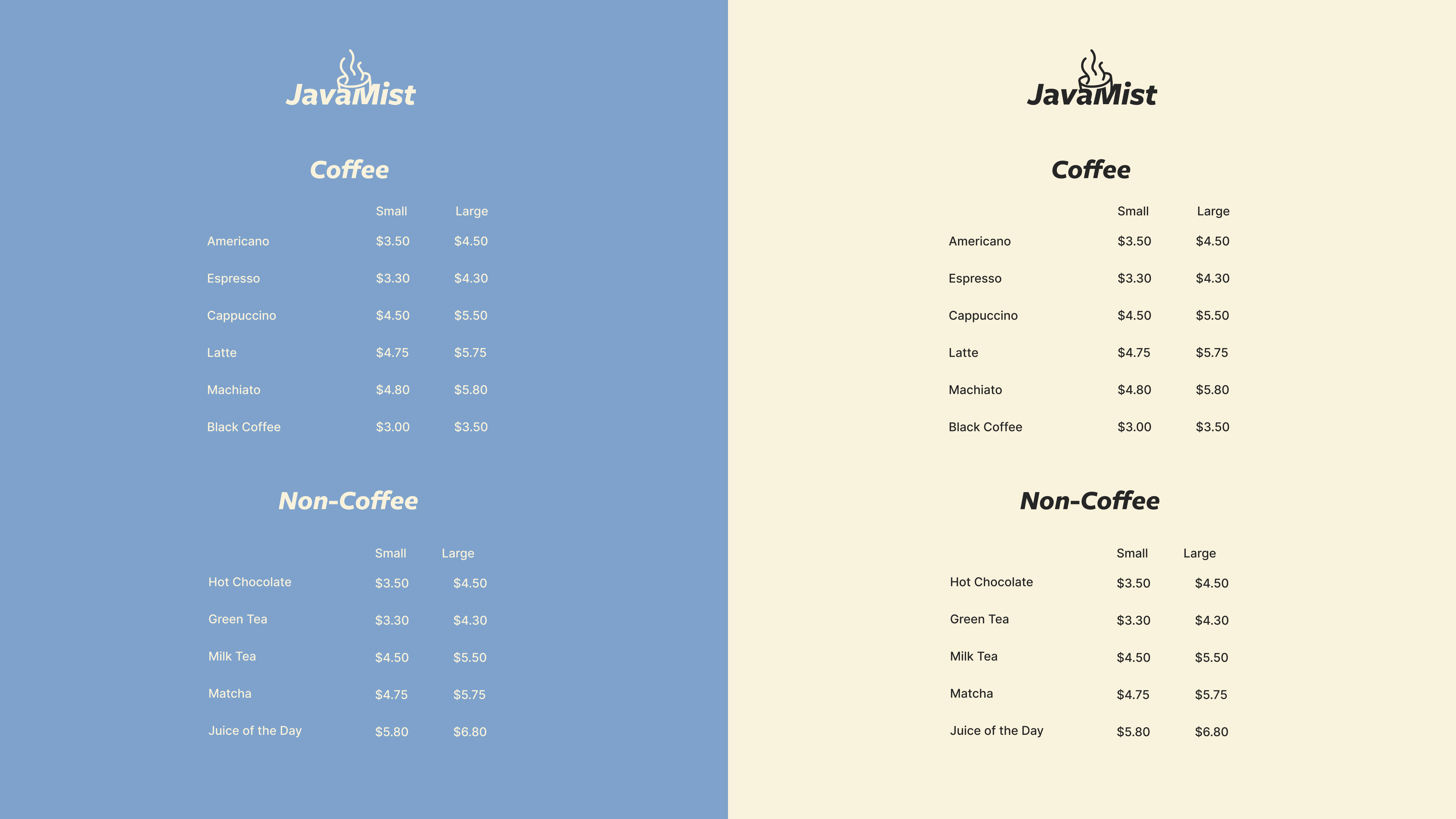 JavaMist Menu - Coffee Shop & Drive Thru branding business design graphic design illustration logo print vector