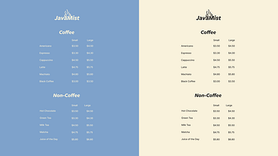 JavaMist Menu - Coffee Shop & Drive Thru branding business design graphic design illustration logo print vector