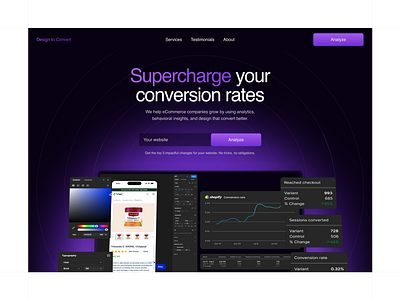 Design to Convert - Hero Section clean desing dark hero dark mode dark theme design to convert design to convert website glow glow effect glow effect hero gradient section hero section saas saas hero ui design ux design web design website