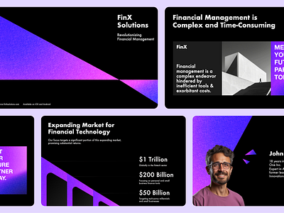 FinX Solutions | Fintech Pitch Deck ai pitchdeck bold presentation branding dark theme presentation fintech fintech pitch deck fintech presentation gradient pitch deck gradient presenatation keynote marketing presentation modern presentation pitch deck pitch deck design powerpoint presentation swot tam sam som team slide ui