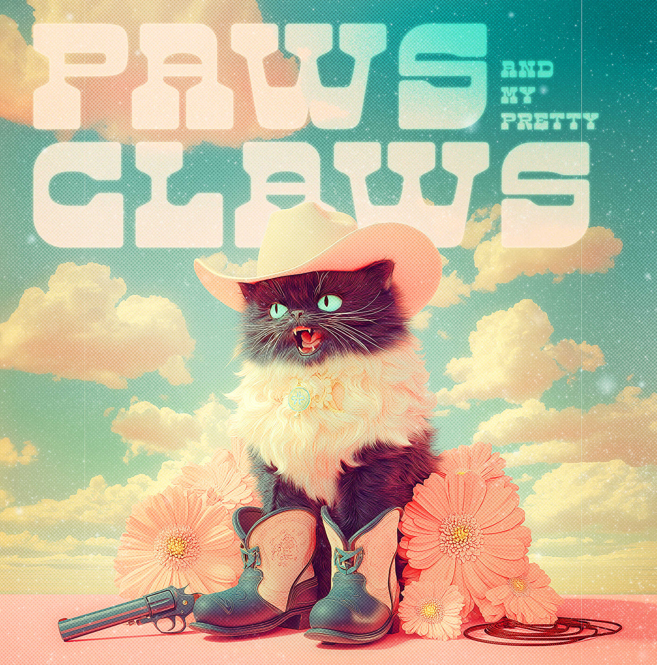 Paws and my pretty claws cat illustration claws cowboy cowboy hat cute illustration graphic design illustration muted colors paws pink and teal poster design retro vintage western western illustration western poster wild west