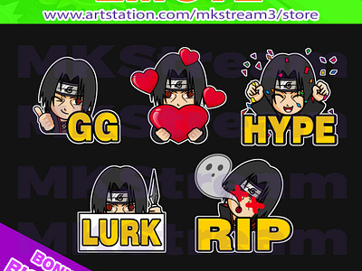 Twitch emotes Uchiha Itachi gg, love, hype, lurk & rip pack akatsuki animated emotes anime cute design emotes gg hype illustration itachi emotes love lurk naruto naruto emotes ninja ninja emotes rip sub badge twitch emotes uchiha itachi