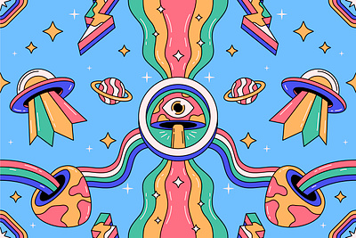 Mushroom, rainbow and Ufo abstract cartoon character colorful design drawn eye graphic design illustration line mushroom rainbow ufo