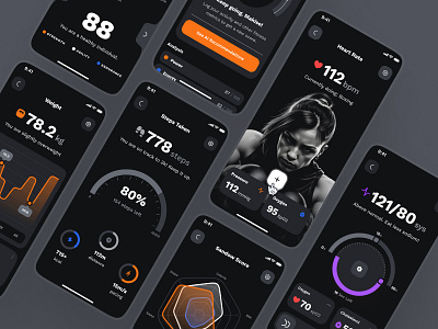 sandow UI Kit: AI Fitness & Diet App | Fitness Score Metrics UI ai fitness app bold clean dark mode dark ui fitness app fitness score fitness score ui fitness tracker app fitness tracker ui fitness ui kit gym app minimal modern orange virtual ai coach virtual fitness app virtual fitness coach virtual fitness ui workout app